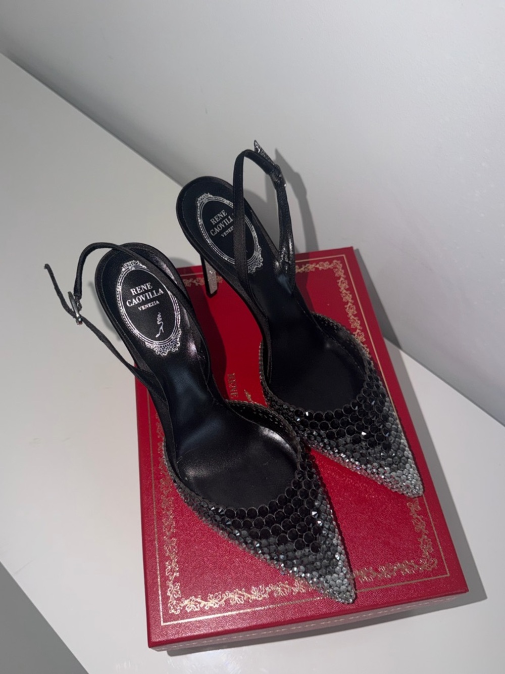 Rene Caovilla Black and Silver Sequin Slingback Pointed Heels